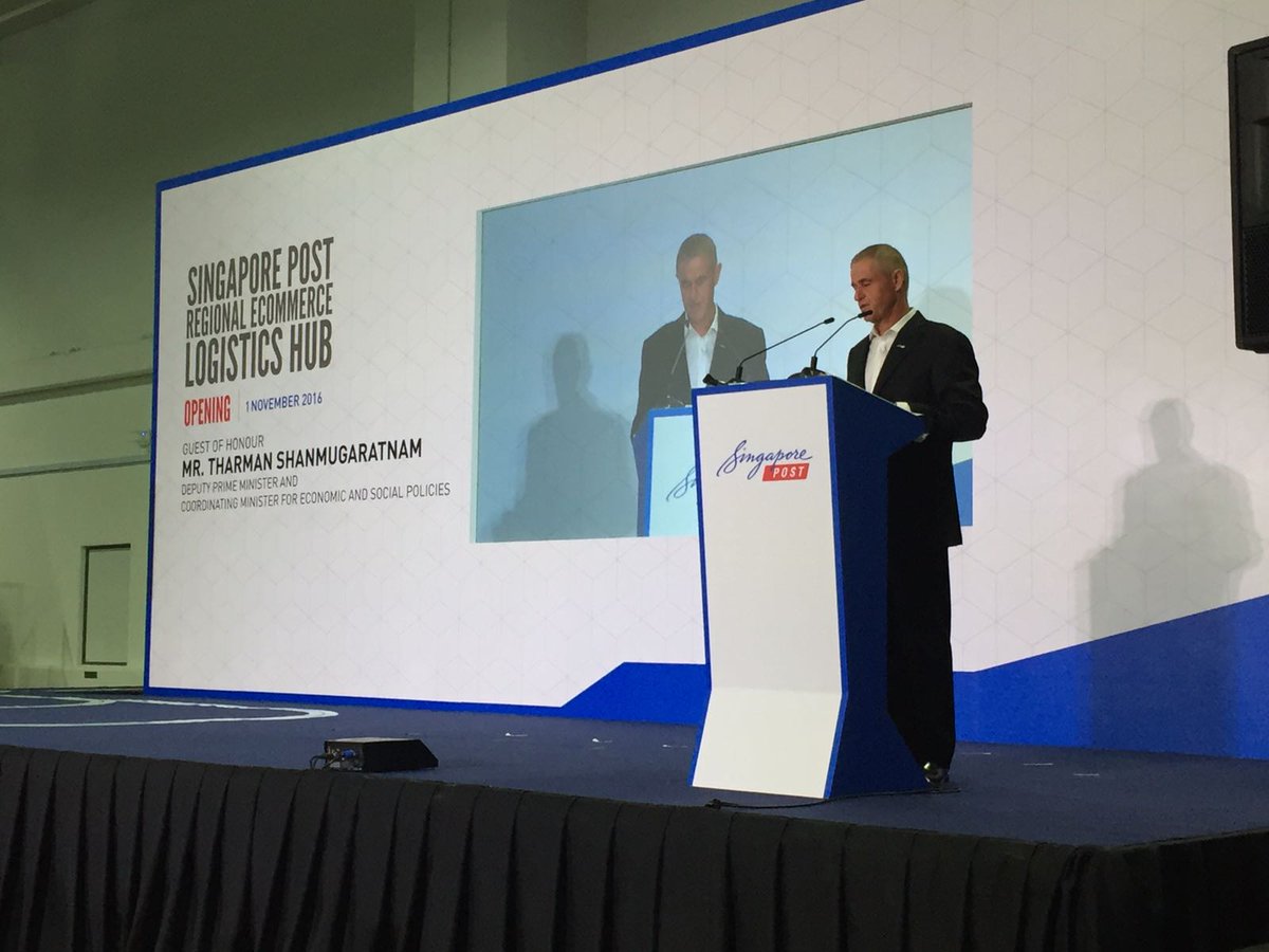 SingPost's tweet photo. We're LIVE! Our Chairman, Mr Simon Israel &amp; his welcome speech at the official opening of Singapore Post's  eComm Log Hub! #FutureReady https://t.co/pwz8m5wmea