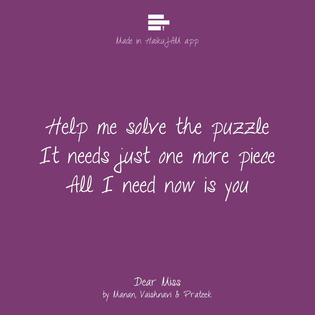 ptkchy's tweet photo. #DearMiss by @manngarg17, Vaishnavi & @prateekchaubey in @haikujam
let's jam on https://t.co/f8VKQ9ZZIP https://t.co/Ehfc4ZRECA