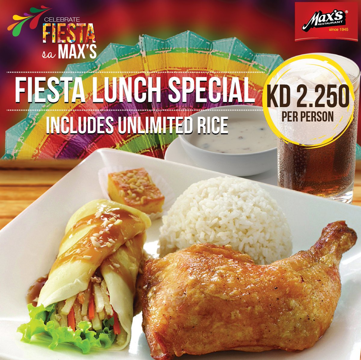MaxsChickenUAE's tweet photo. Hello #KUWAIT! Max's Fiesta Lunch Specials continues! Every Sunday to Thursday for dine-in, takeaway and delivery. Call us 2575 0647. https://t.co/0RGuo4ULda