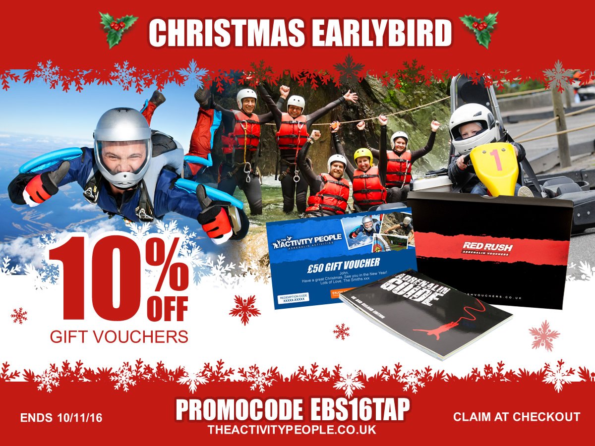 activitypeople's tweet photo. Calling all early birds, we're offering 10% off all activity vouchers! https://t.co/Shl9hGjcA8 #Christmas #Deals #offers https://t.co/rGnxsfemSK