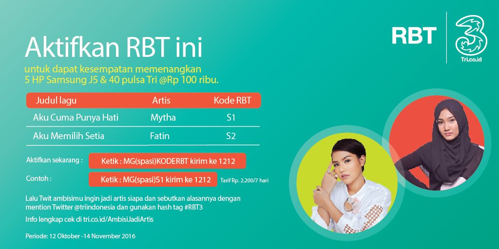 Kapan lagi dapat Samsung J5 hanya dengan aktifkan RBT dari <a href="/mythaLestari/">MYTHA LESTARI</a> atau <a href="/FatinSL/">Fatin Shidqia Lubis</a> 

Spesial untuk kamu pengguna <a href="/triindonesia/">3 Indonesia</a> #RBT3