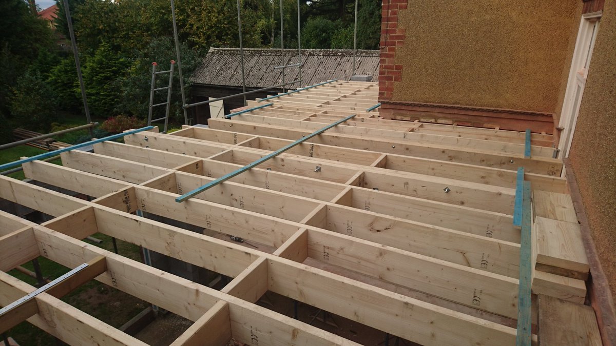 First floor joists down, building inspector visited, equal spacings done, lateral restraint straps done, double joists bolted, all passed!