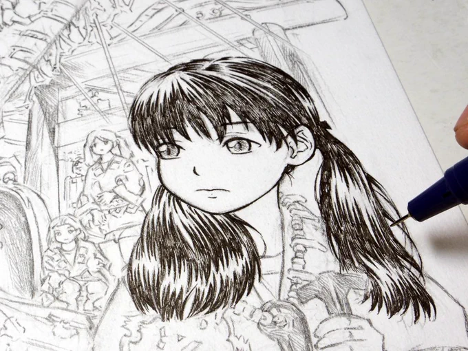 カラーイラスト作画工程②
次はペン入れ。耐水性のパイロットドローイングペン0.1～0.05mmを使用します。 