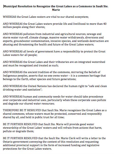 CommonsPolicy's tweet image. #NorthernOntario we need your help. Support us in passing a municipal resolution in #SaultSteMarie to designate the Great Lakes as #Commons