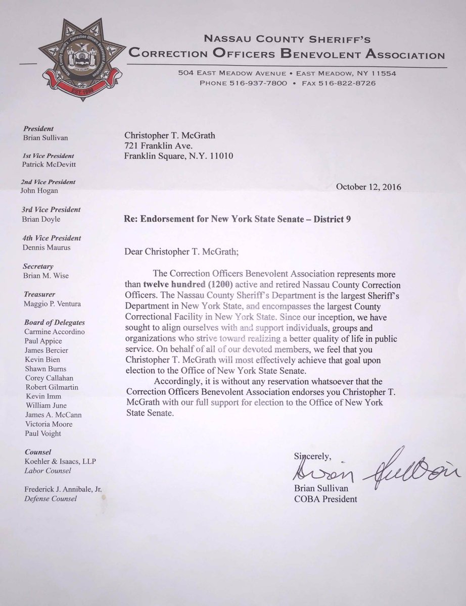 Thx to the 1200 active/retired <a href="/NassauCountyNY/">nassaucountyny</a> Correction officers who have officially pledged support to electing me to <a href="/NYSenate/">New York State Senate</a>