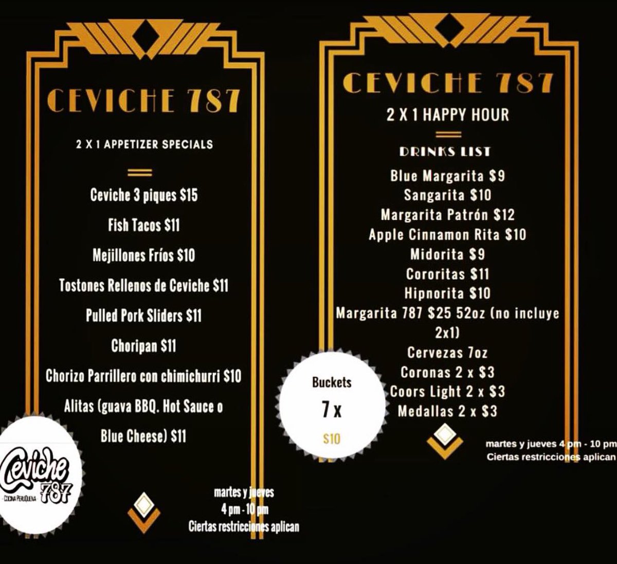 ceviche787's tweet photo. Happy Hour
MLB World Series ⚾️
Margarita flavors 2 x 1 
Aperitivos 2 x 1 
Cervezas 7oz 2 x $3 
Bucket 7 x $10 
Ciertas restricciones aplican https://t.co/zf1I1JdySp