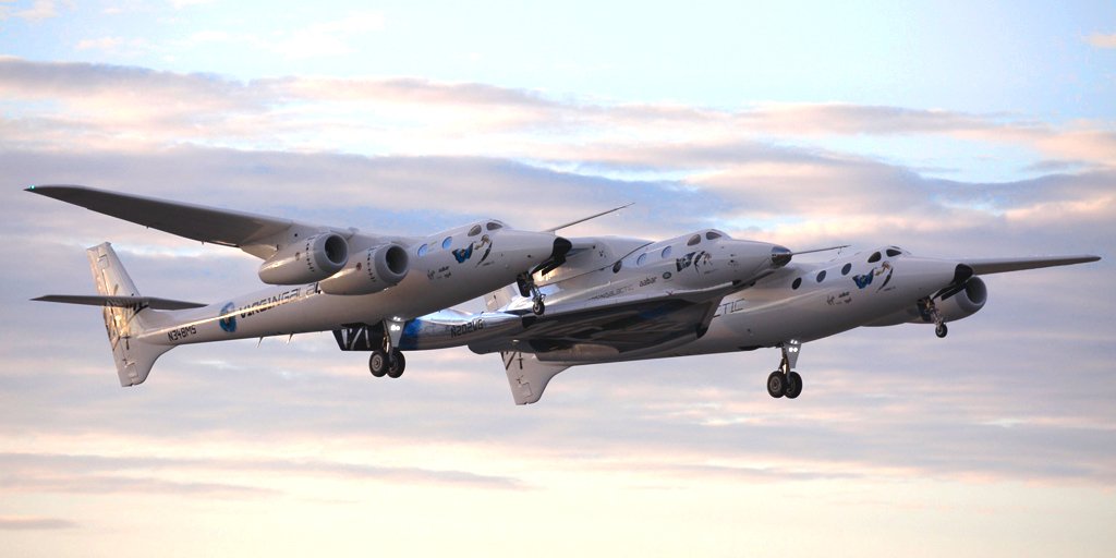 Images: VSS Unity and mothership VMS Eve shortly after takeoff this morning. Stay tuned for updates on today's test flight #SpaceShipTwo