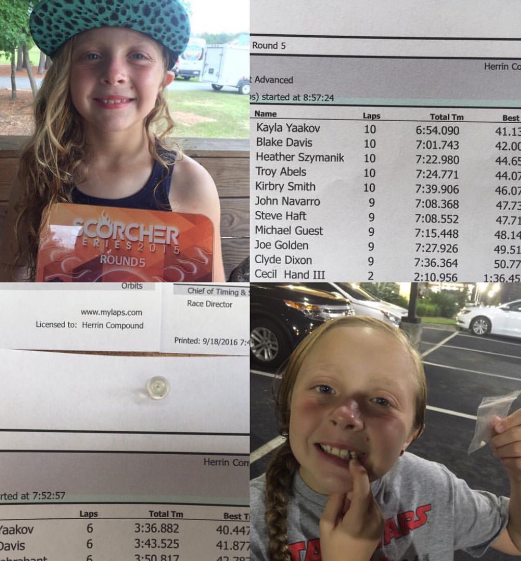 September 20, 2016
I had a great time racing this weekend at the Herrin Compound. I won 2 races and got into the 40's! Also lost a tooth!