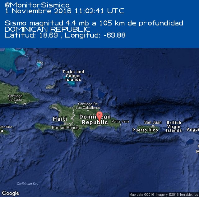MonitorSismico's tweet photo. #Sismo M 4.4 DOMINICAN REPUBLIC. 01-11-2016 11:02 UTC https://t.co/gxXqIq9Kev #Temblor #CSEM #EMSC https://t.co/ui6PNzjyu7