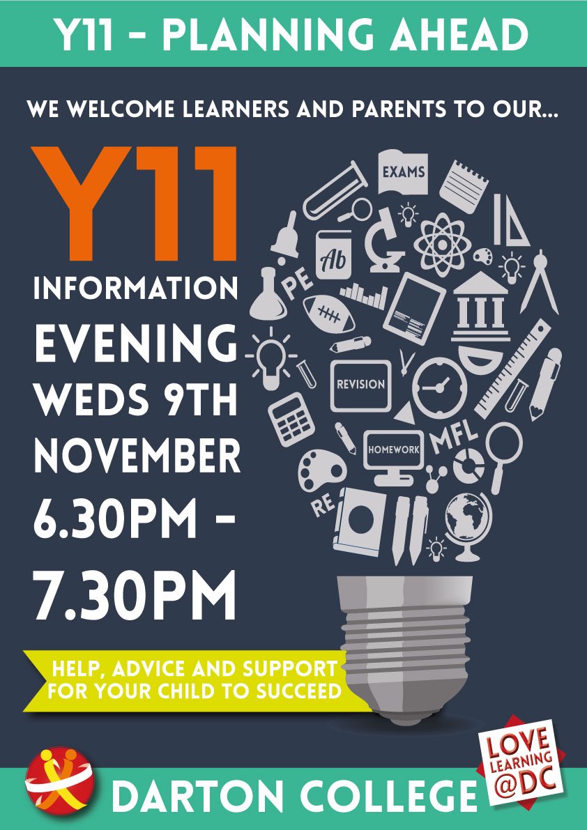 DeltaDarton's tweet photo. Join us on Wednesday 9th November 6.30pm-7.30pm at our YEAR 11 PLANNING AHEAD FOR SUCCESS INFORMATION EVENING. https://t.co/1QV0cy3td4