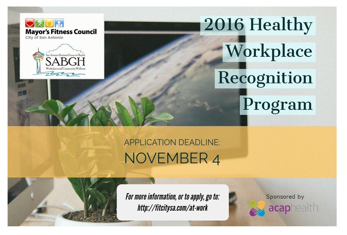 FitCitySA's tweet photo. Don't forget to get your workplace signed up for the 2016 Healthy Workplace Recognition Program. #FitCitySA #HealthyWorkplace #SABGH https://t.co/mzXi0Y6mbc