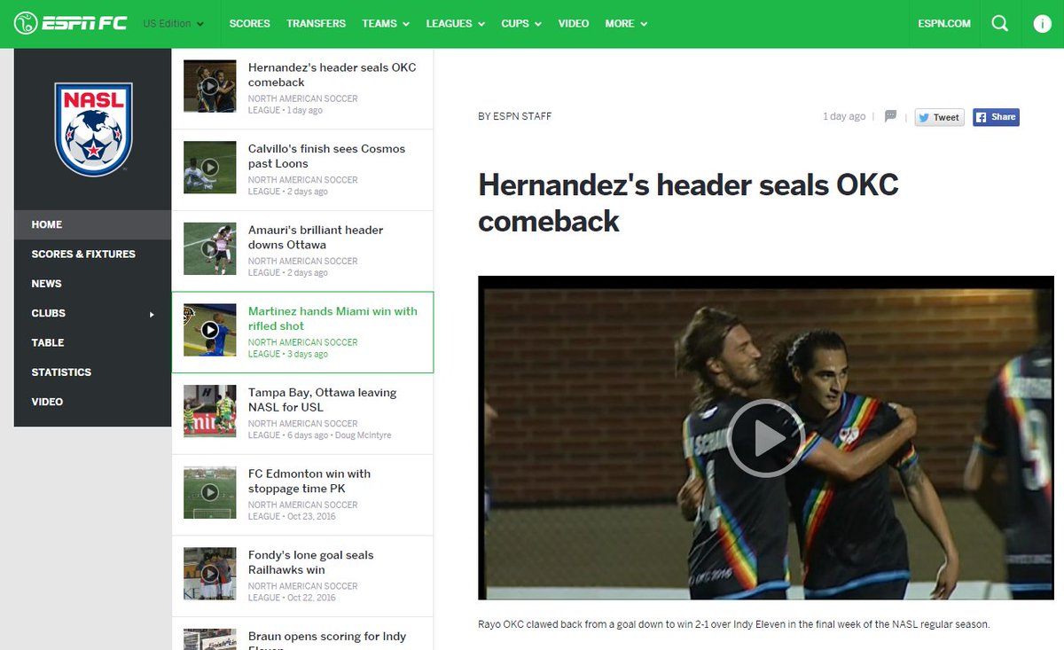 SethGlenn's tweet photo. Great to see .@RayoOKC at the top of .@ESPNFC 's #NASL page! #RayoOKC #RayosRedArmy #TheChampionship https://t.co/UtcHRirsZc