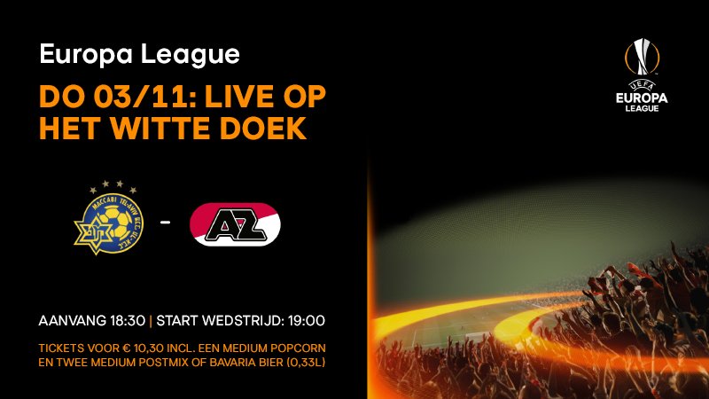 AZAlkmaar's tweet photo. Wil jij Maccabi - AZ donderdag live in bioscoop Vue Alkmaar kijken? We geven 5x 2 kaarten weg. Like dit bericht en misschien win jij! #macaz https://t.co/6cbSGhHtz8