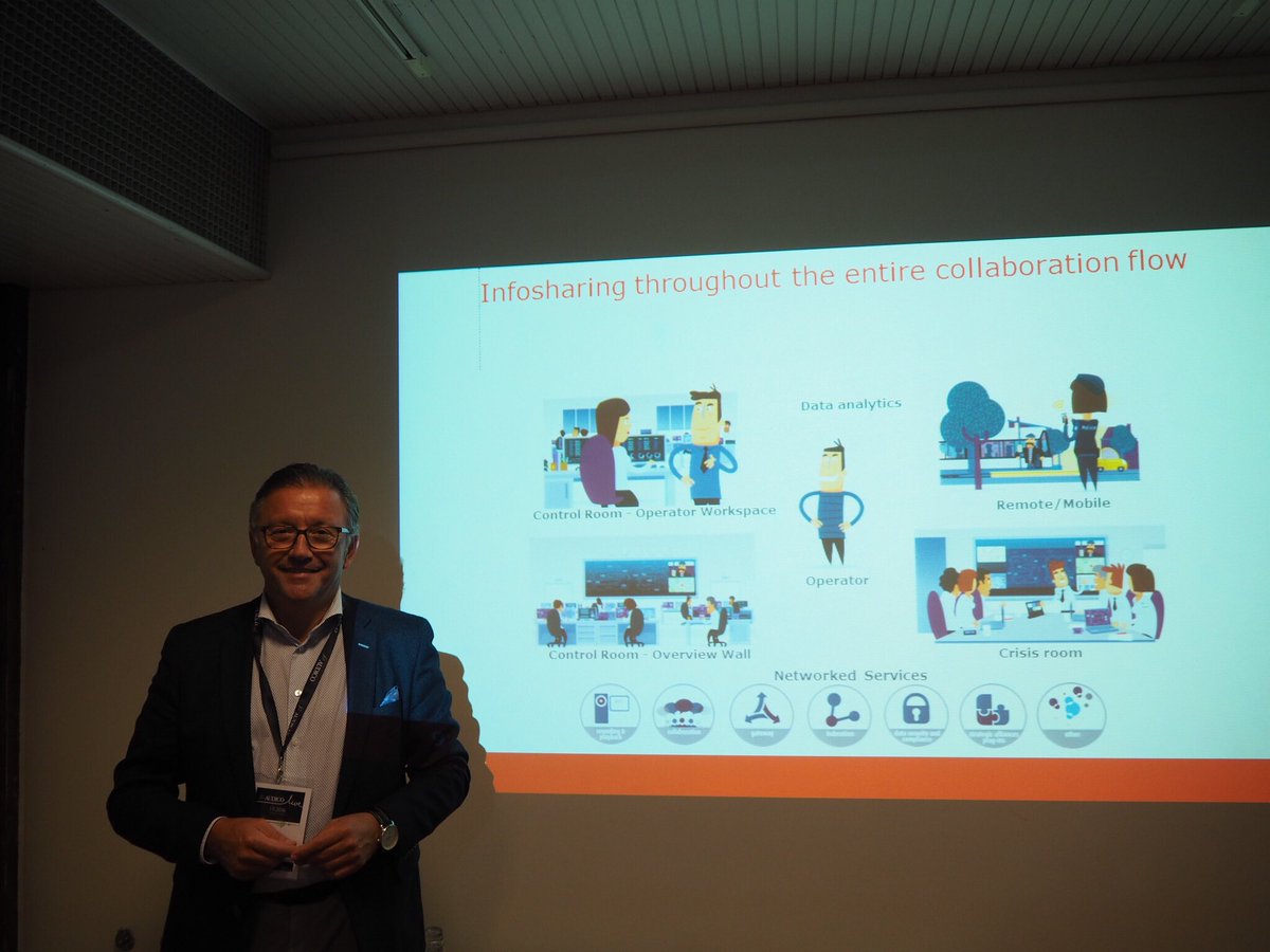 AudicoSystems's tweet photo. "Efficiency gains through information sharing". Dirk Hendrickx telling us about Barco OpSace. #audicolive https://t.co/enAHfDo7Ud