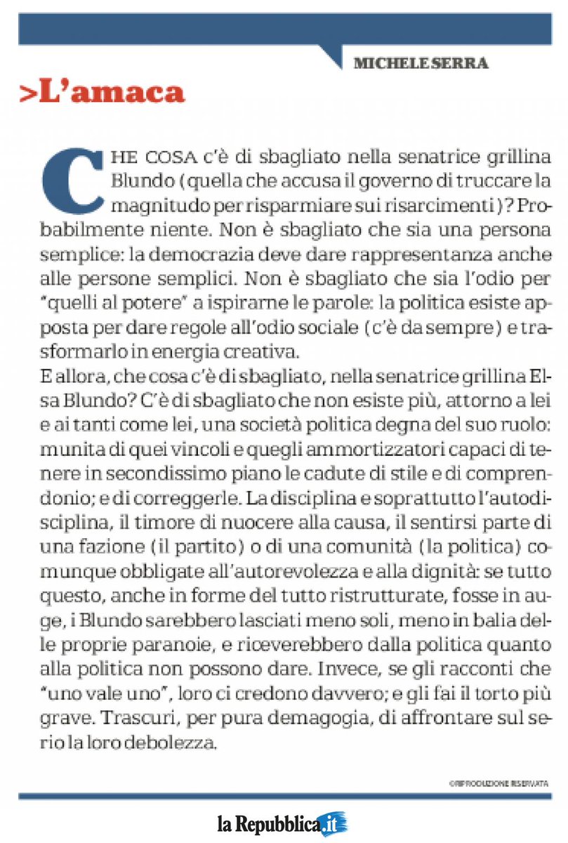 La senatrice M5S #Blundo e la magnitudo truccata del #Terremoto: L'Amaca DI MICHELE SERRA