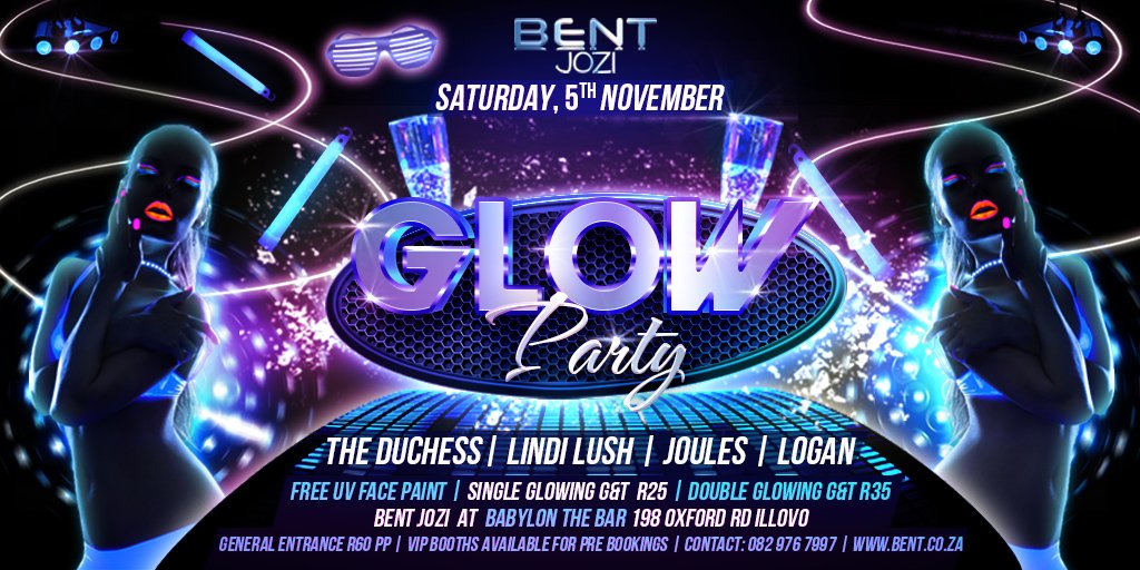 A big one for <a href="/BENTJozi/">BENT Jozi</a> this Saturday 5 November at Babylon The Bar (198 Oxford Rd Illovo) Let's GLOW crazy ;-) #gay #lesbian #gayfriendly