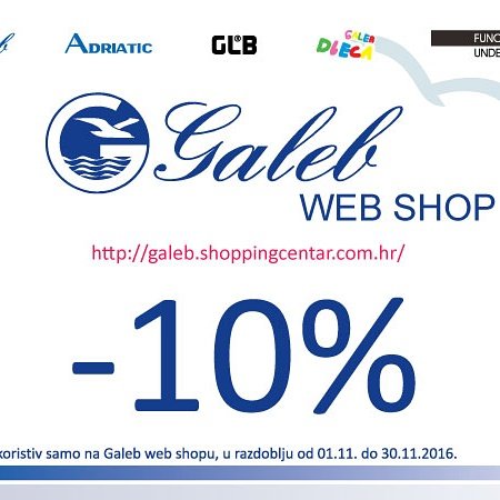 Galeb slavi 65. rođendan! 
Od 01. do 30.11. samo na Galeb web shopu -10% na cjelokupan asortiman!

galeb.shoppingcentar.com.hr

Vaš Galeb 😃