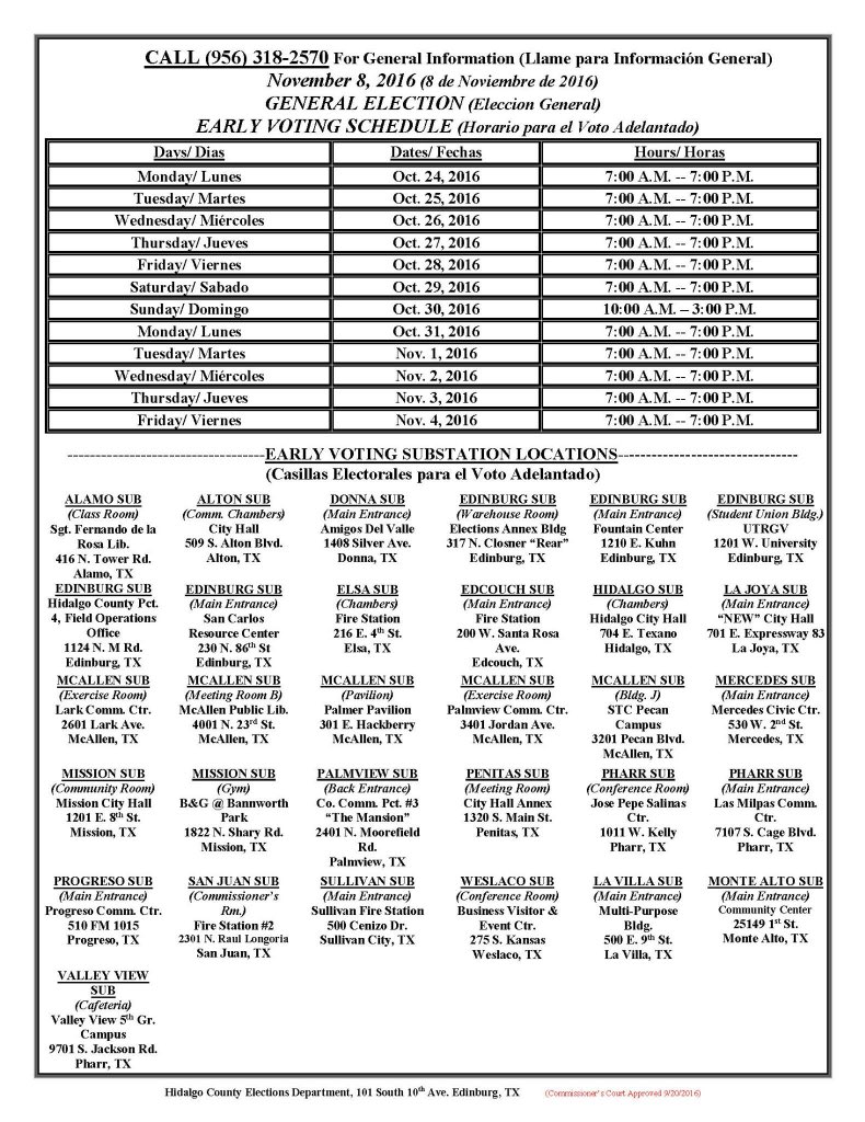 TeamMari2016's tweet image. Early Voting Substations throughout Hidalgo County #Unite4Mari
