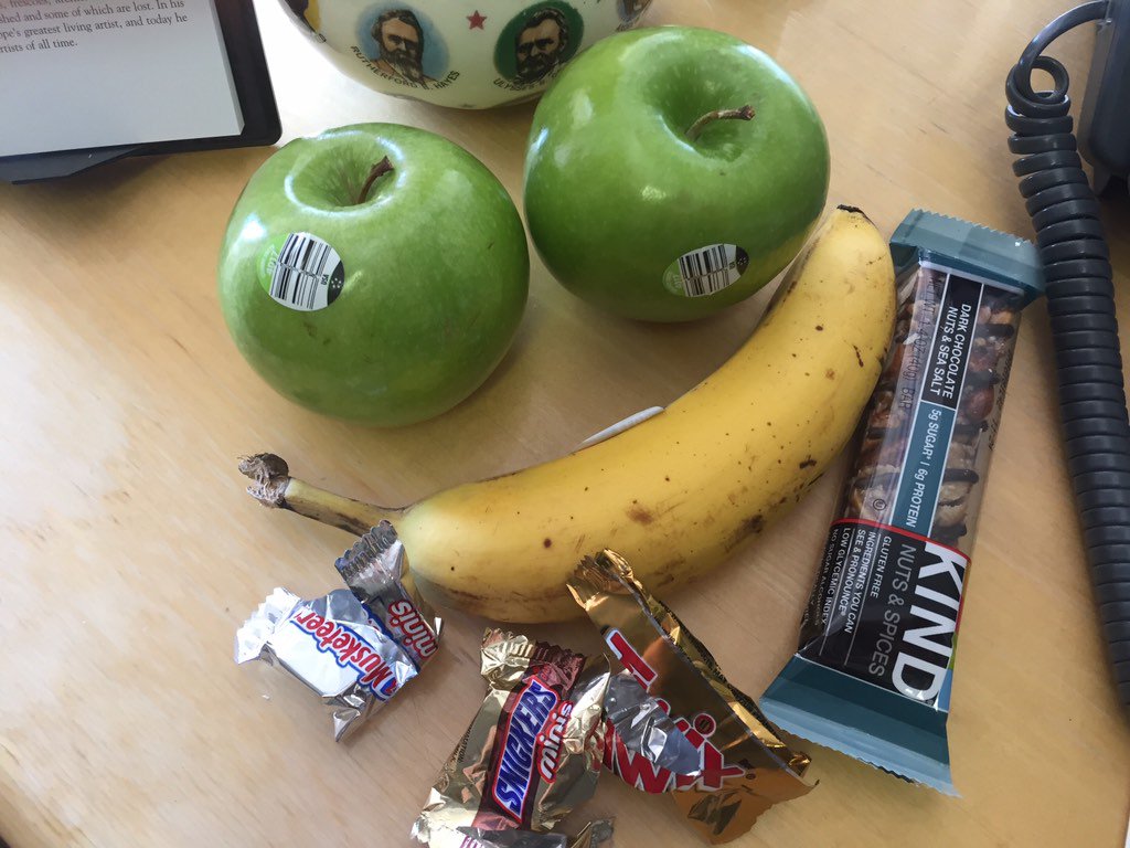 lucybsullivan's tweet photo. Healthy snacks: intact. Candy stash: decimated. Yup... that's about right. https://t.co/WwLl43OIM1