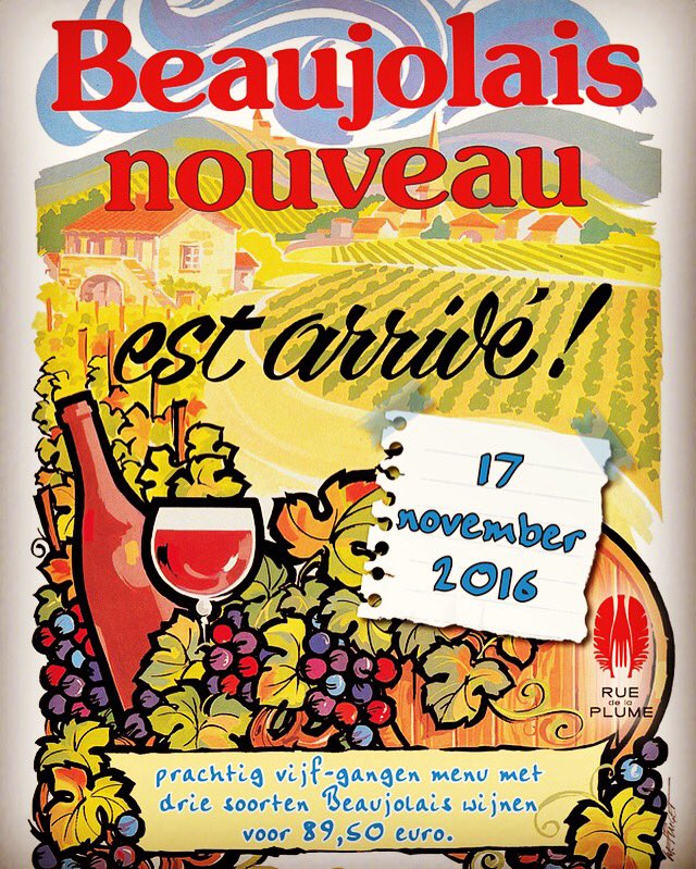 Donderdag 17 november is een speciale dag.
Met een hoop bombarie en toeters wordt de Beaujolais Primeur bij ons bezorgd.