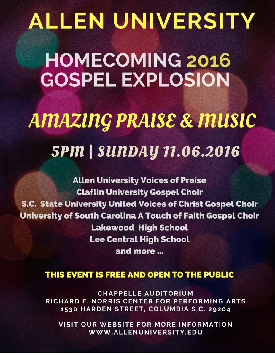 AllenUniv's tweet image. Please join us as we celebrate! AU's 2016 Homecoming Kick-off - The AU Gospel Explosion. This event is FREE and open to the Public!