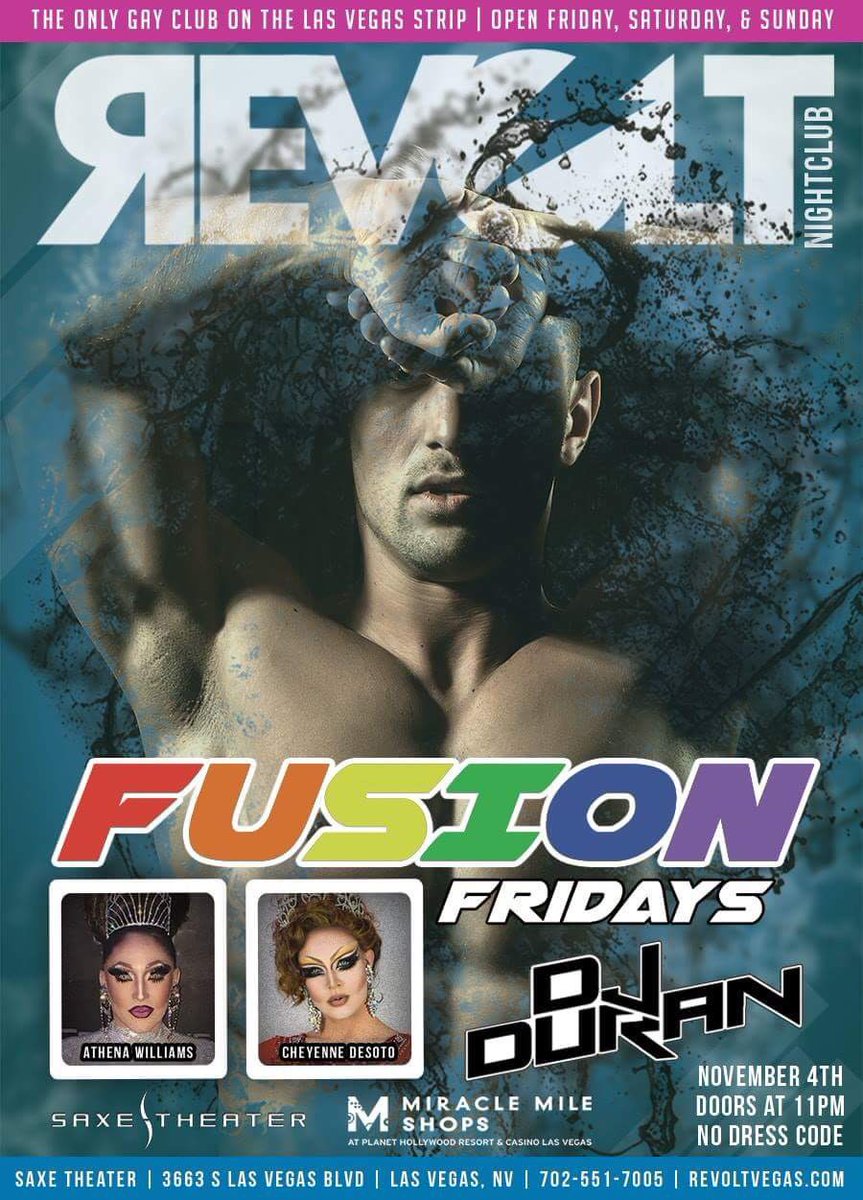 RevoltVegas's tweet photo. Fusion Friday's are back! Doors open at 11pm. For VIP service contact @vonjonnie 702.505.0732 #vegaslife #vegas #drinks #gay #vegasbaby https://t.co/Oatvw92r5S