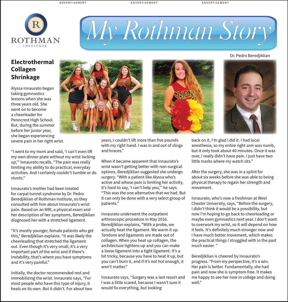 RothmanOrtho's tweet photo. #Cheerleader & #gymnast Alyssa’s wrist pain is gone thanks to Dr. Beredjiklian at #RothmanInstitute. https://t.co/3DkOtc2l3u