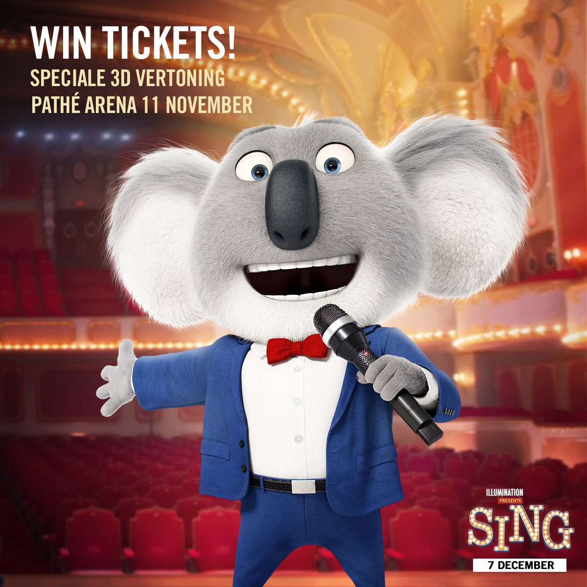 Retweet en maak kans op 2 vrijkaarten voor de speciale 3D vertoning van de nieuwe animatiefilm Sing! 🎤