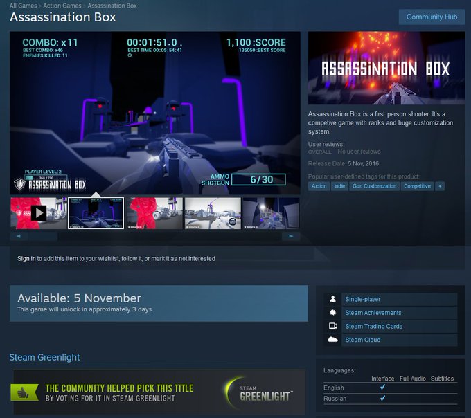 Assassination Box Steam store page available! https://t.co/yyhtPeeJmV  #indiedev #indiegame #steam #greelit<a href="/tag/steam"class="tags"><span>#steam</span></a><a href="/tag/greenlight"class="tags"><span>#greenlight</span></a><a href="/tag/gamedev"class="tags"><span>#gamedev</span></a><a href="/tag/indiedev"class="tags"><span>#indiedev</span></a><a href="/tag/indiegame"class="tags"><span>#indiegame</span></a>