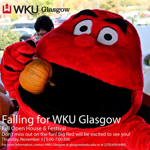 @WKUGlasgow  <a href="/WKUBigRed/">Big Red</a> Open House &amp; Festival
Thursday, November 3, 5-7pm  
call 270-659-6900 for more information