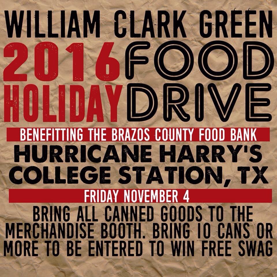 This FRI 11/4 <a href="/WilliamCGreen/">William Clark Green</a> w/ <a href="/WesNicksonBand/">Wes Nickson Band</a>! Bring Can Goods To Help The Brazos County Food Bank! 10+ &amp; Your Entered To Win FREE Merch!