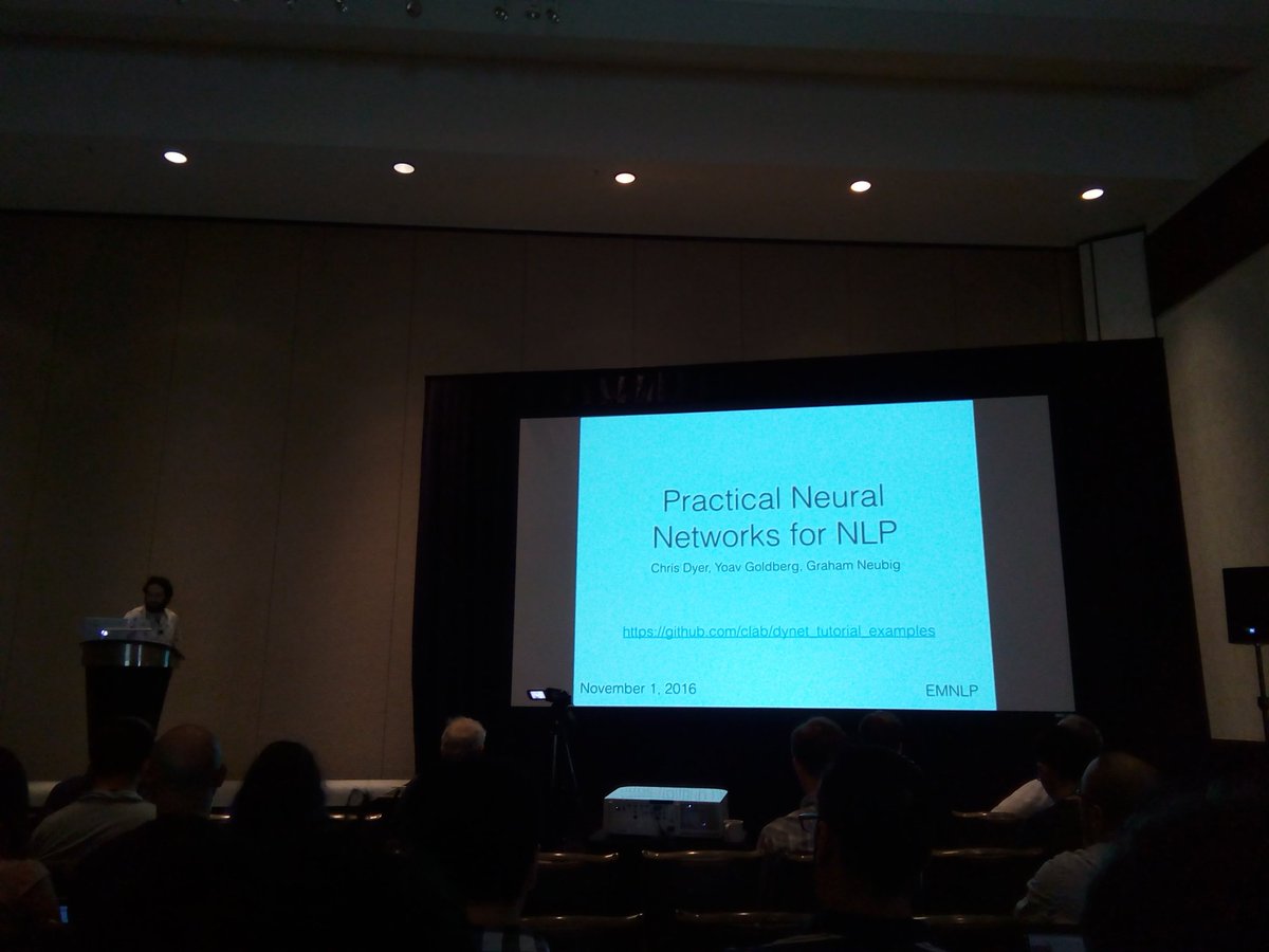 neomoha's tweet image. A crowded room for the very interesting tutorial on &quot;Practical Neural Networks for NLP&quot; #emnlp2016 github.com/clab/dynet_tut…