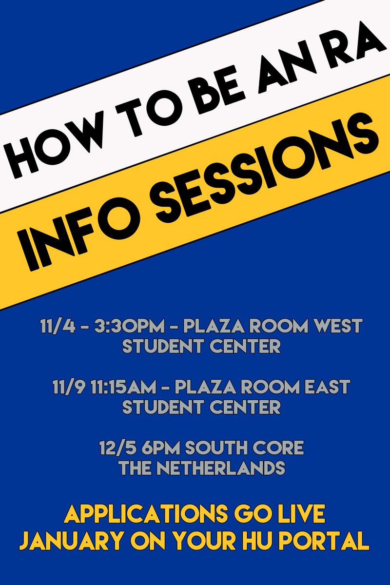 HofstraOSLE's tweet photo. Are you interested in becoming an RA? Check out the information sessions on 11/4, 11/9 and 12/4! https://t.co/OfdVD664kM