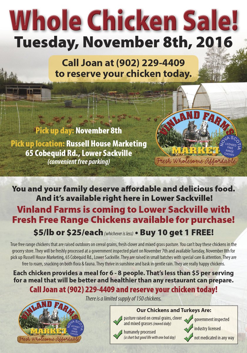 RussellDirect's tweet image. Like #freerange #chicken ? Check out the mailer we're doing
for Vinland Farms. Pick up in Lower Sackville Nov 8th. #supportlocal #shoplocal