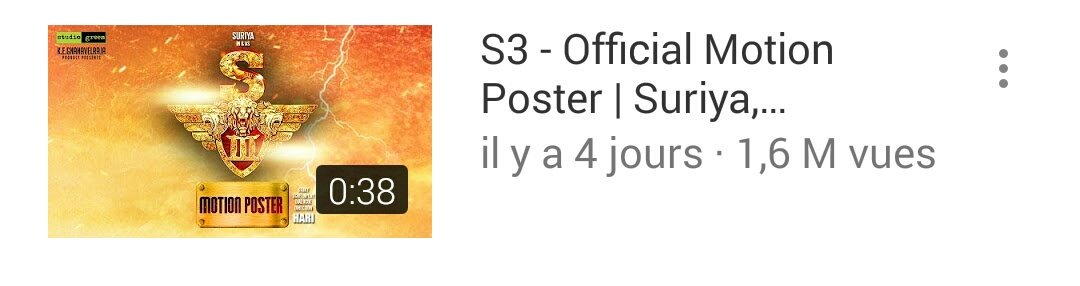 GaneshSyl's tweet photo. #S3MotionPoster Reached 1,6 M Wiews @Suriya_offl @shrutihaasan @Jharrisjayaraj @StudioGreen2 ๐๐๐๐ https://t.co/HeTk4QtnfZ