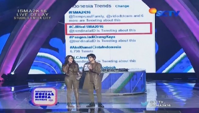 Selamat <a href="/CJRisCJR/">CJR</a> raih kategori Celeb of The Night #ISMA2K16 yang diwakilkan oleh MAIAsangJUARA &amp; <a href="/AlKohler7/">Al Ghazali Köhler</a>.