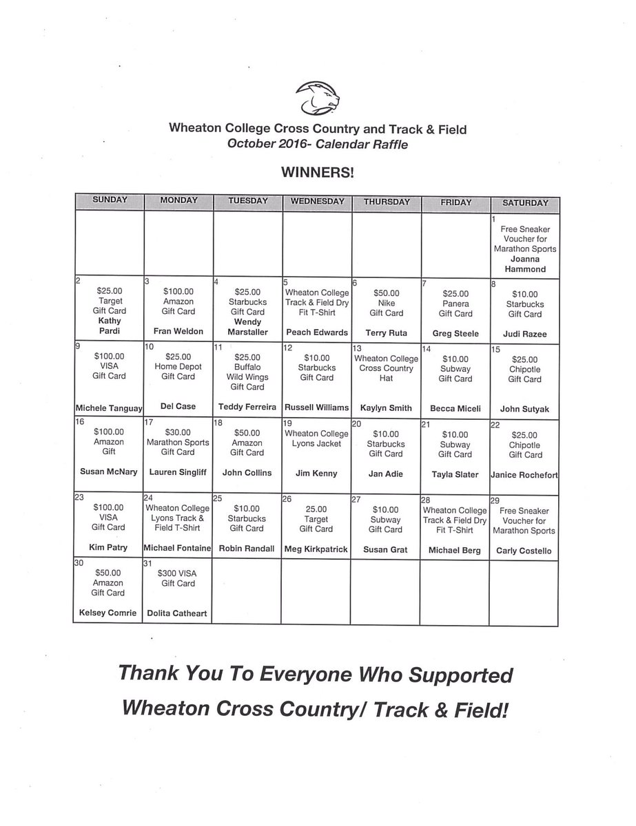 WheatonTF's tweet image. Congrats to all our winners in our October raffle. A special thanks goes to all who support us!