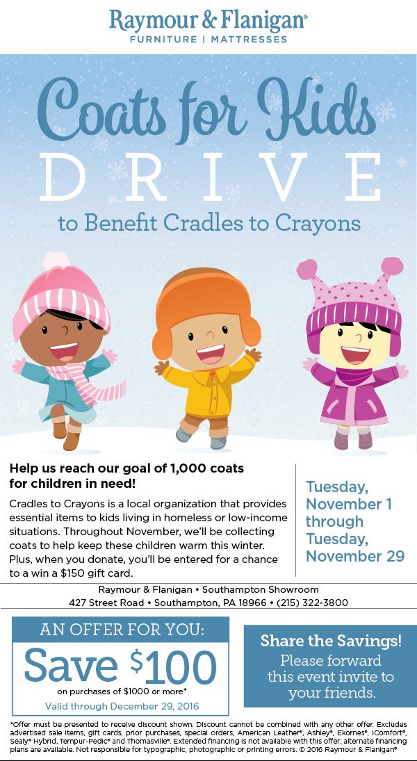 C2CPhiladelphia's tweet photo. This month, @RaymourFlanigan in #BucksCounty will be collecting new and gently used winter coats for children.
https://t.co/l0DPNLimpl #PHL https://t.co/wZ3UHdXEkK