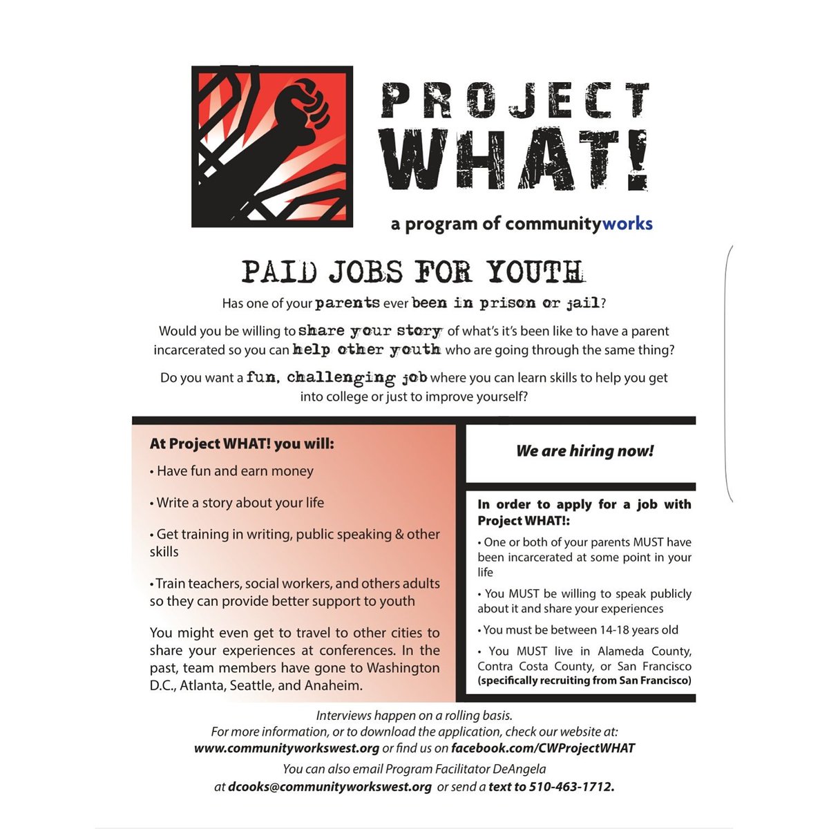 CWProjectWHAT's tweet image. Project WHAT! is hiring. Are you between the ages of 14-18? Do you have a parent who has been or is currently incarcerated?
