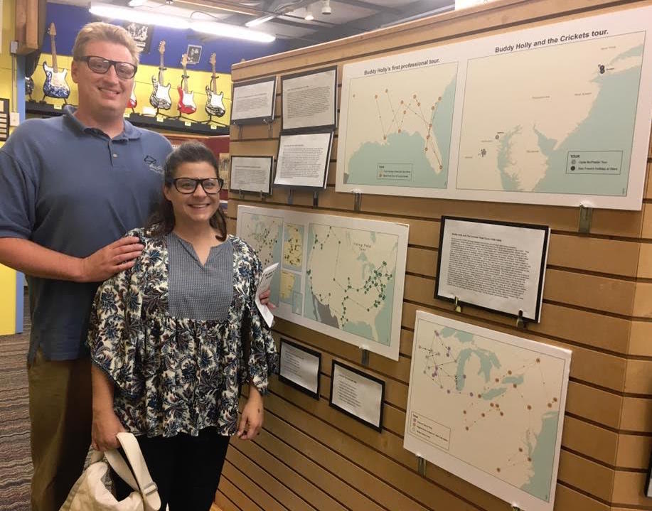 iowarocknroll's tweet photo. Kevin and Julie Romig with their exhibit at #Buddy80! They charted #BuddyHolly's entire touring career! #Iowa #rocknroll #preservation https://t.co/E6x5Dn3pDs