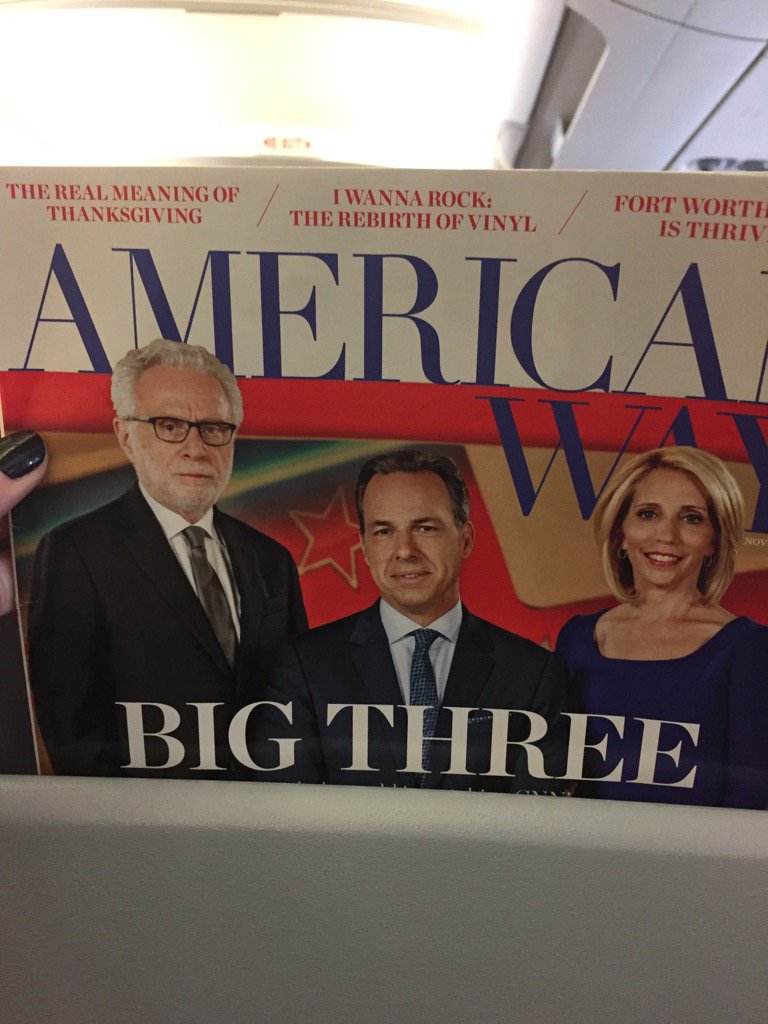 CarrieStevenson's tweet photo. Look who is on my shuttle flight. 3 of the best! @CNN POLITICS @wolfblitzer @jaketapper @DanaBashCNN https://t.co/hq7xOWhjIW
