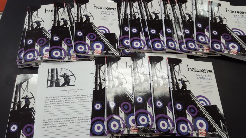 comics_teacher's tweet photo. It's that time of year again @davaja Matt Fraction, @Marvel and Javier Pulido! Hawkeye #mlaaw #teaching it https://t.co/Gu93aDSfRD