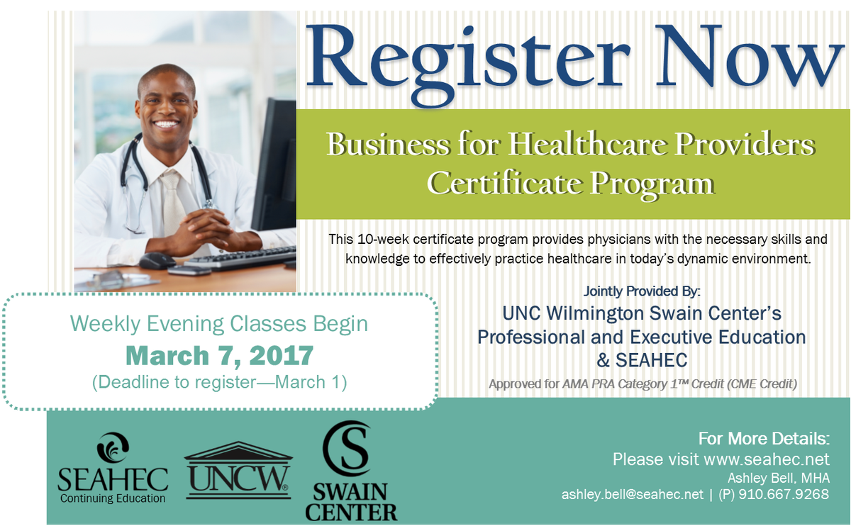 SEAHEC_CE's tweet photo. Register today for Business for Healthcare Providers Certificate Program! Visit https://t.co/tkgeVZqhOd for more information. #SEAHEC #CE https://t.co/7UrD0Xs2LS