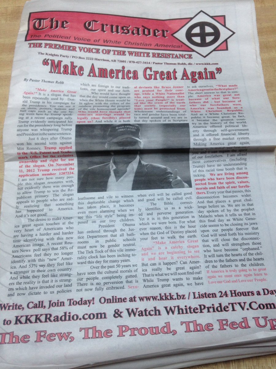 3gingersmom's tweet photo. Another #TrumpEndorsement #KKK #KnightsParty #ThomasRobb @realDonaldTrump @HillaryClinton https://t.co/67yaorUr67