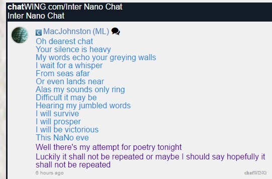 JudyLMohr's tweet image. I logged into the Inter-NaNo chat on Jessiescoffeeshop.com and look what was waiting for me: #poetry by @MacJ_Writer  I love #NaNoWriMo
