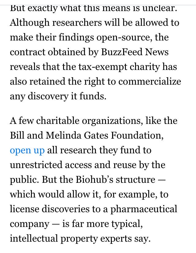 Zuck's Biohub (unlike the Gates Foundation)will not open-source all its work.Can we stop calling it charity now? https://www.buzzfeed.com/stephaniemlee/chan-zuckerberg-biohub-contract?