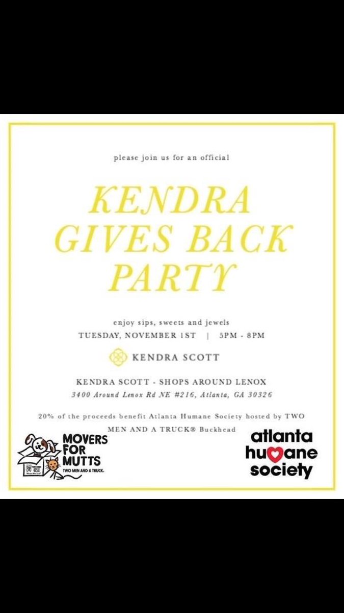 TwoMenBuckhead's tweet image. Don't forget there is still time to make your way to @KendraScott Shops Around #Lenox. Meet us there before 8pm!! #moversformutts