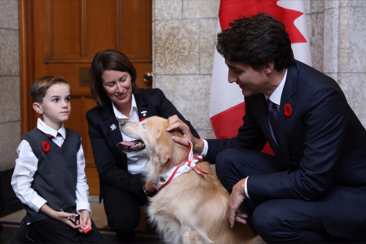 JustinTrudeau's tweet image. Glad to meet Smiley, the Ontario therapy dog who teaches kids about bullying &amp;amp; acceptance. My thanks to St. John Ambulance for the visit.