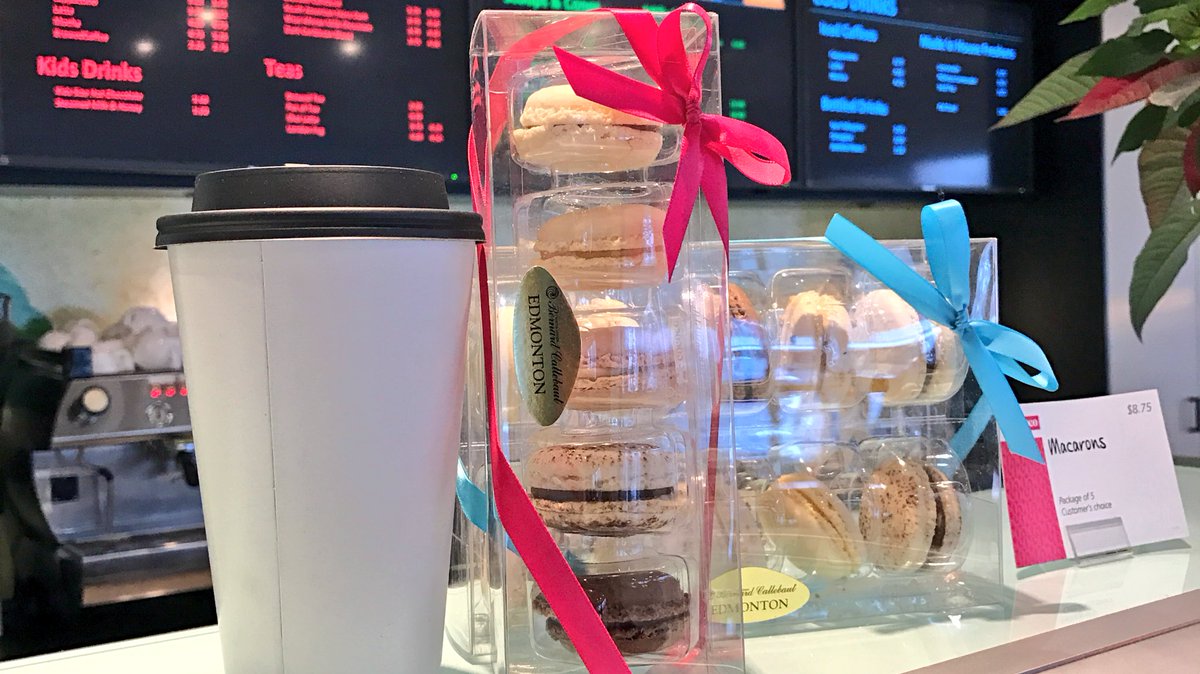 Need a #macaron and a hot #chocolate to warm up on the way home? We can help you with that 😉 #yeg