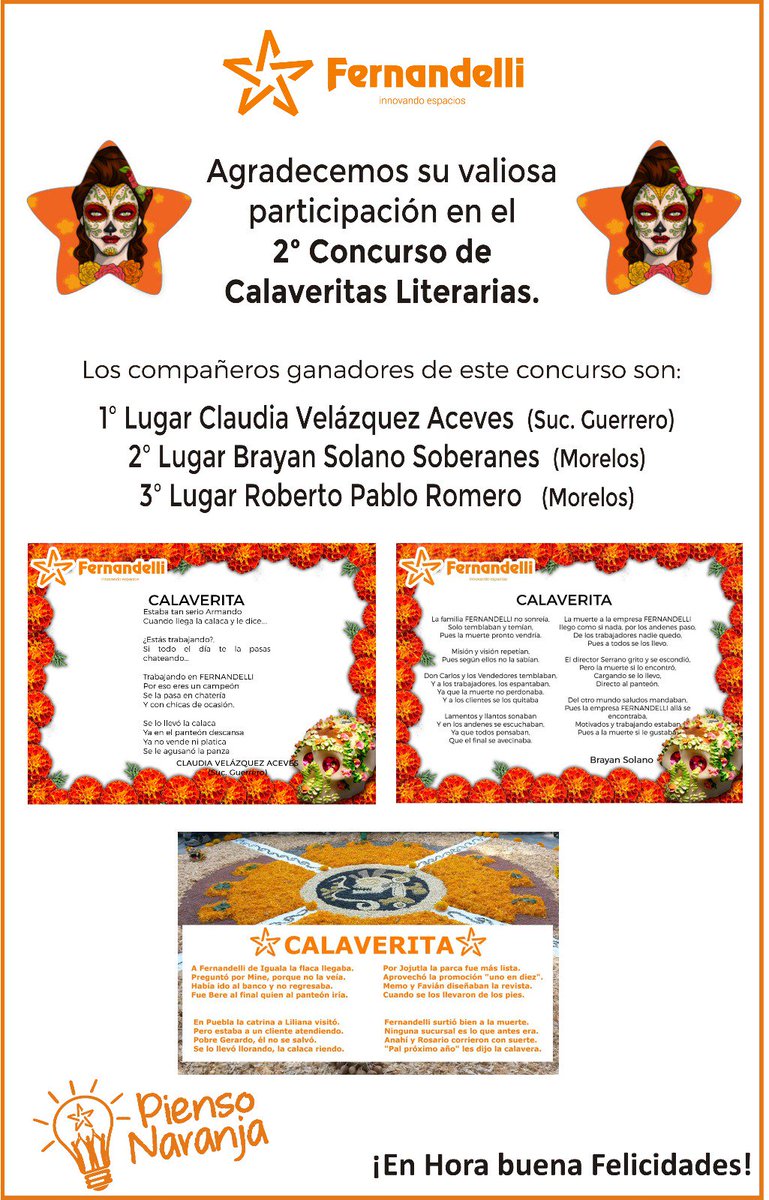 FernandelliMX's tweet photo. Gracias a todos por participar en nuestro 2º concurso de Calaveritas!! #Fernandelli felicita a los ganadores. #FelizDíaDeLosMuertos https://t.co/gxPDXAVsSq